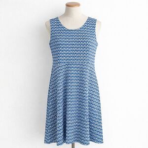 Talbots Dress Size XL Blue White Ikat Print Sleeveless Zip Back Fit Flare
